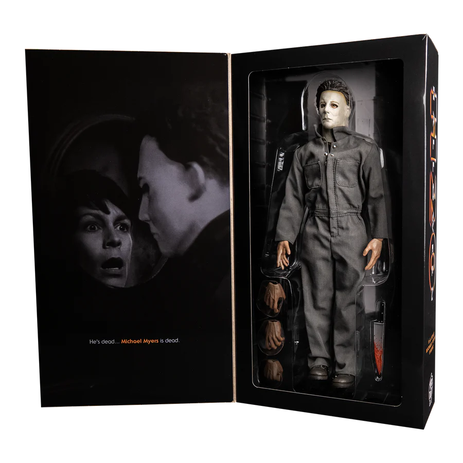 This is a Halloween H20 Michael Myers 12' action figure box that is black with orange letters and the inside is Michael looking at Laurie Strode