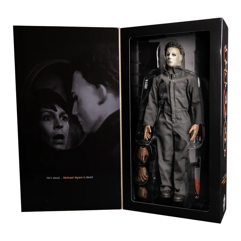 This is a Halloween H20 Michael Myers 12' action figure box that is black with orange letters and the inside is Michael looking at Laurie Strode