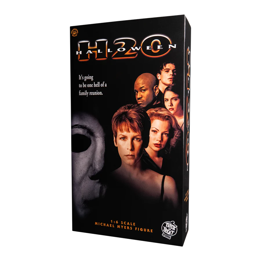 This is a H20 Michael Myers 12' action figure box that is black with orange letters and the poster art is a white mask and 5 movie characters