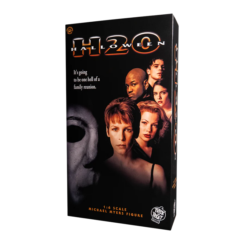 This is a H20 Michael Myers 12' action figure box that is black with orange letters and the poster art is a white mask and 5 movie characters