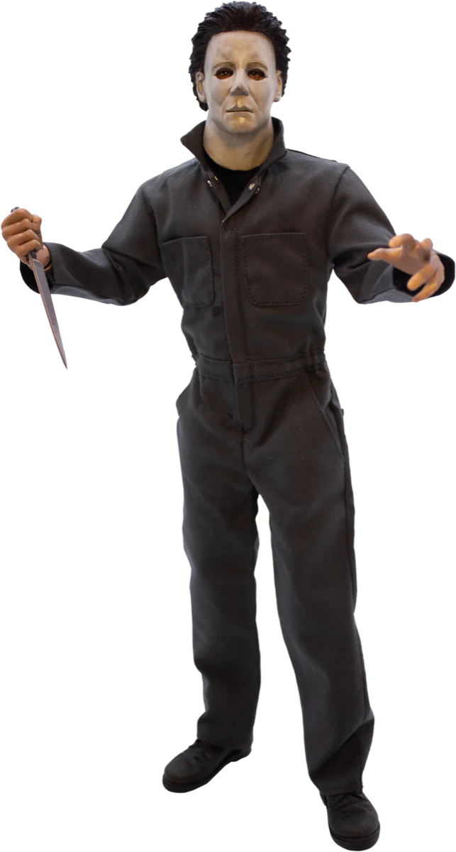 This is a Halloween H20 Michael Myers 12' action figure and he is wearing a white mask with brown hair, black boots and grey coveralls