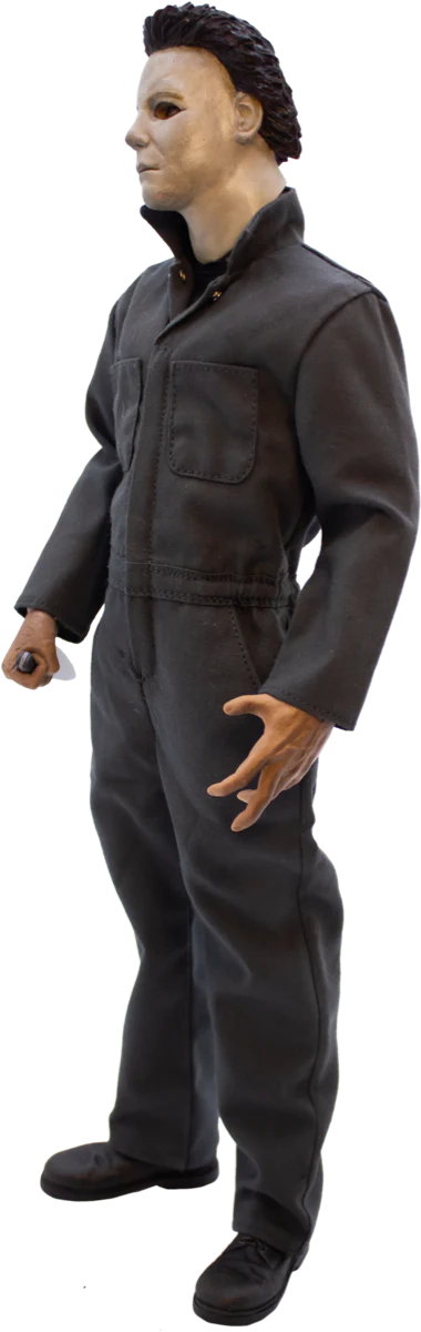 This is a Halloween H20 Michael Myers 12' action figure and he is wearing a white mask with brown hair, black boots and grey coveralls and holding a knife