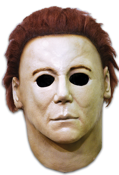 This is a Michael Myers Halloween H20 Mask that is white with brown hair and black eyes.