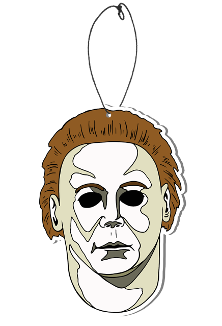 This is a Halloween H20 Michael Myers air freshener and it is a white face with brown hair and black eyes and has a plastic hanger.