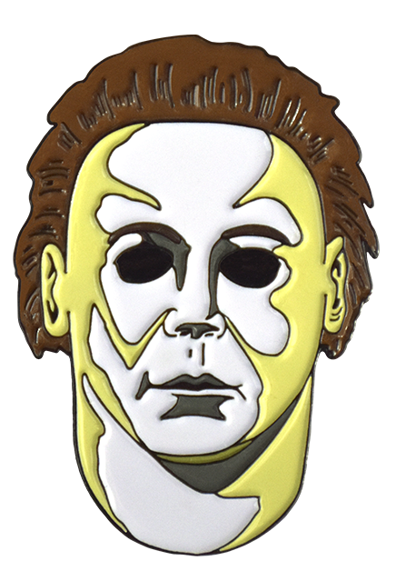 This is a Michael Myers enamel pin from Halloween H20 and it is a white face with brown hair and black eyes.