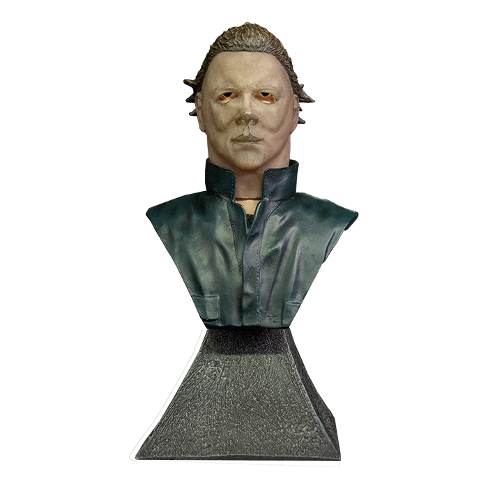 This is a Halloween II Michael Myers mini bust and he is wearing a mask, has brown hair and blue coveralls.