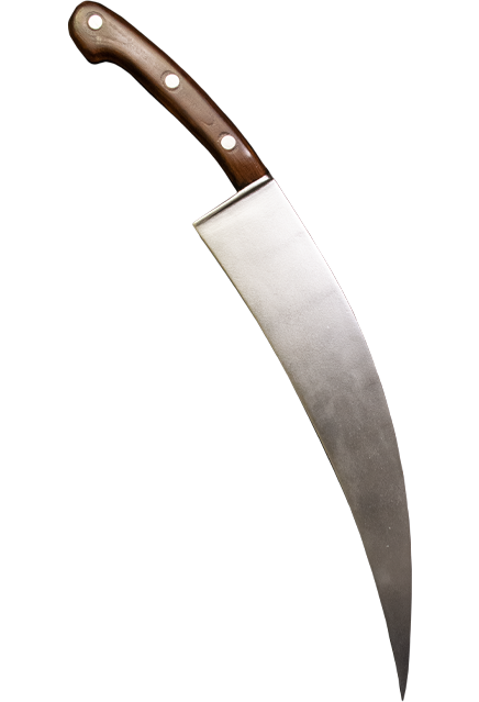 This is a Halloween Michael Myers poster knife that has a curved, silver foam blade and a brown handle that has three gold dots.