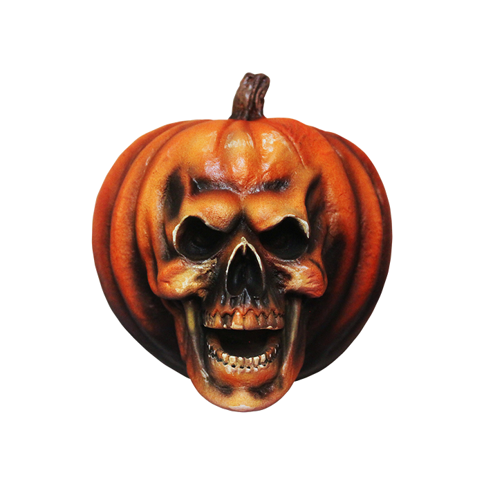 This is a Halloween II pumpkin magnet that is orange and has a skull face.