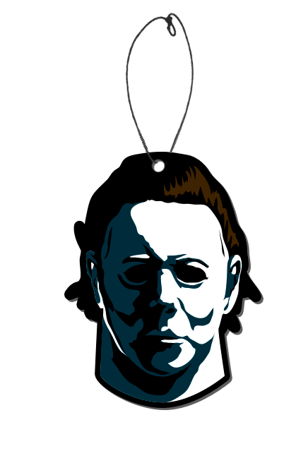 This is an air freshener with a picture of Michael Myers from the 1978 HALLOWEEN movie and he has a white face, dark hair and a plastic hanger.