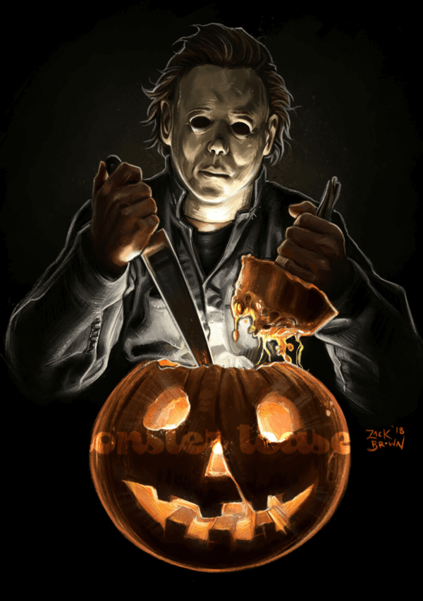 This is a Halloween movie Michael Myers sticker and he has a white face, is holding a knife and an orange pumpkin that has a smile face.