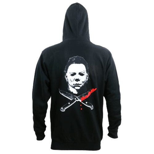 This is a Halloween Michael Myers hoodie that is black with a white face and bloody knives crossing.