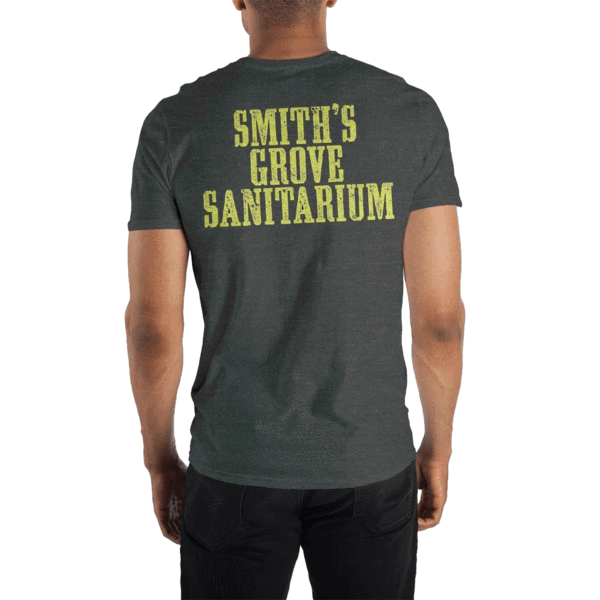This is a grey Halloween Michael Myers shirt with a letters that say smith's grove sanitarium..