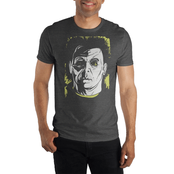 This is a grey Halloween Michael Myers shirt with a white face.