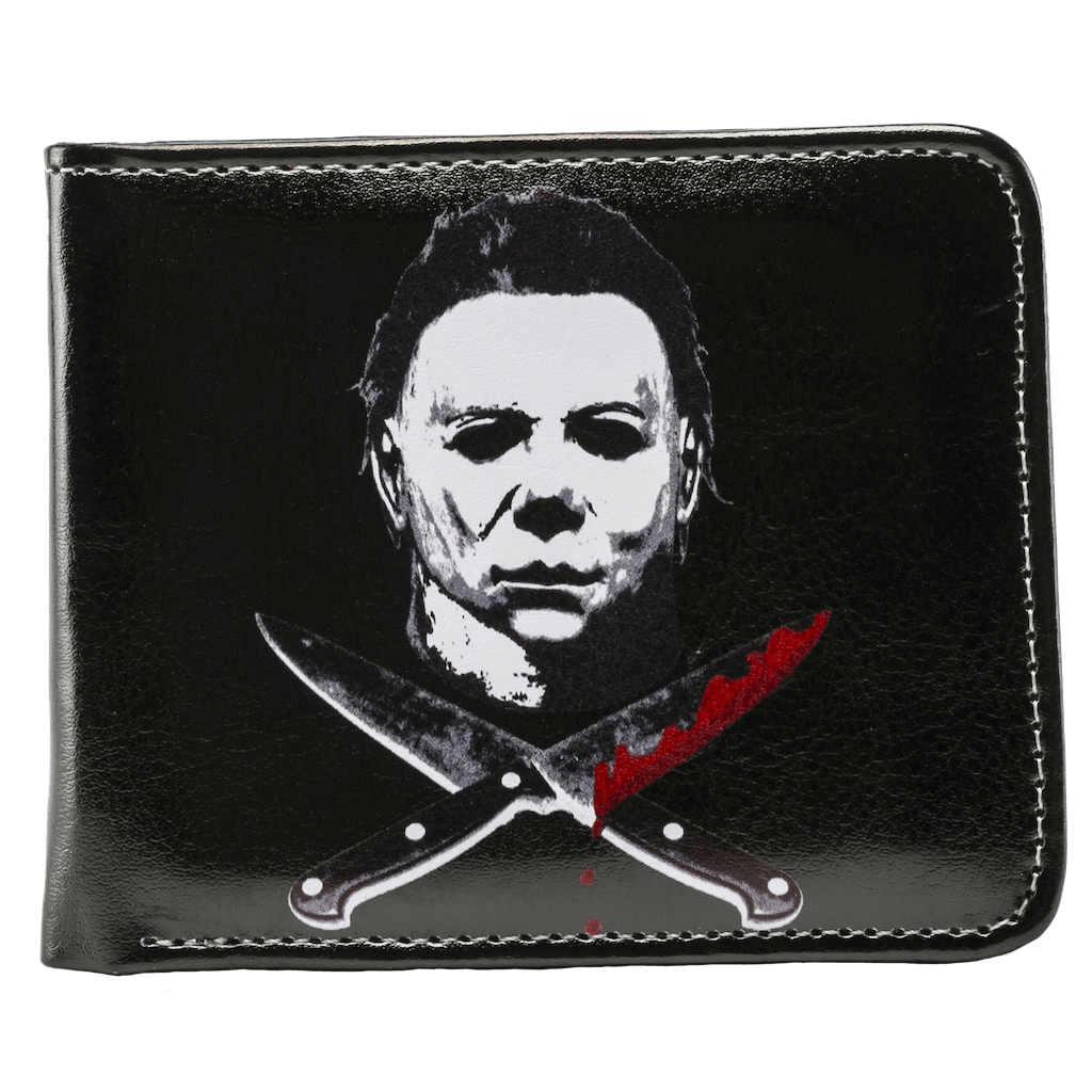 This is a Halloween Michael Myers wallet that is black with a white face and bloody crossed knives.