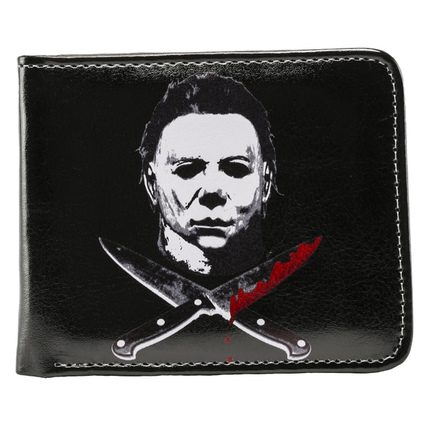 This is a Halloween Michael Myers wallet that is black with a white face and bloody crossed knives.
