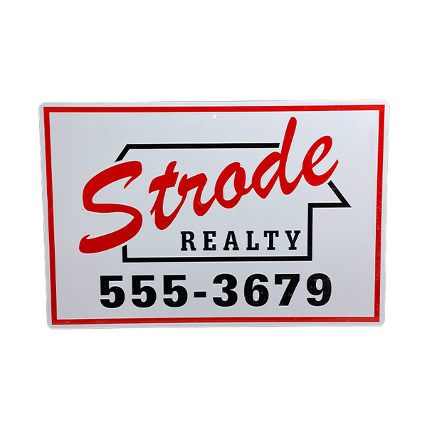 This is a Halloween movie Strode Realty metal sign that is white with red and black letters.