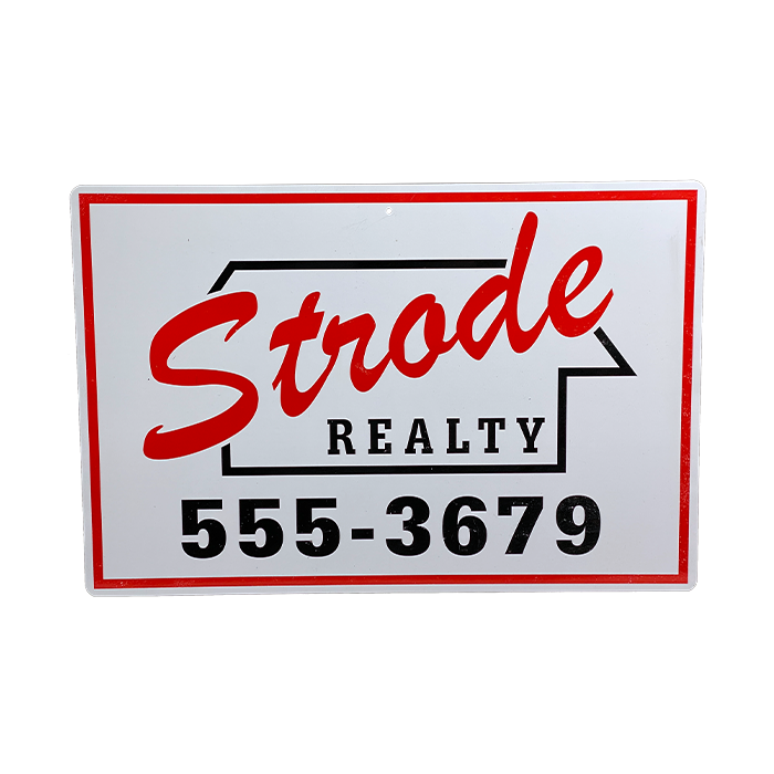 This is a Halloween movie Strode Realty metal sign that is white with red and black letters.