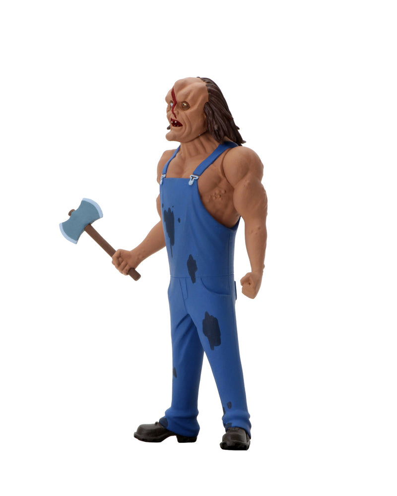 This is the Toony Terrors NECA action figure series 4 Hatchet and he has an axe, blue overalls with blood on them and he has brown hair.