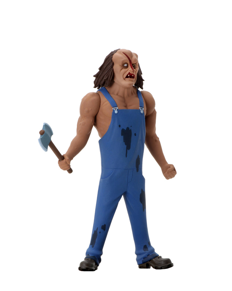 This is the Toony Terrors NECA action figure series 4 Hatchet and he has an axe, blue overalls and he has a slash on his face and he has brown hair.