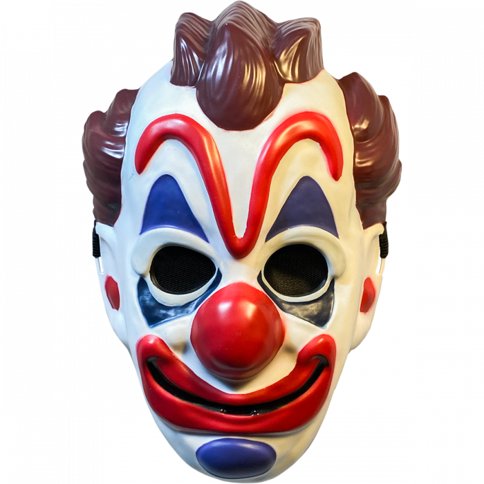This is a Haunt movie clown mask and it is a white face with brown hair and red lips and nose.