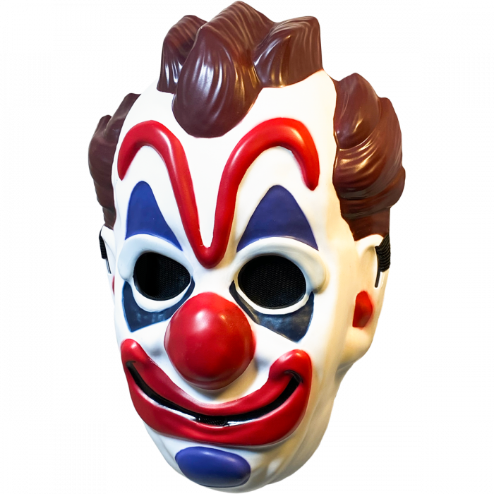 This is a Haunt movie clown mask and it is a white face with brown hair, blue around the eyes and red lips and nose.