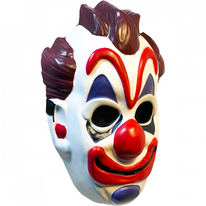 This is a Haunt movie clown mask and it is a white face with brown hair, blue around the eyes and red lips and nose.