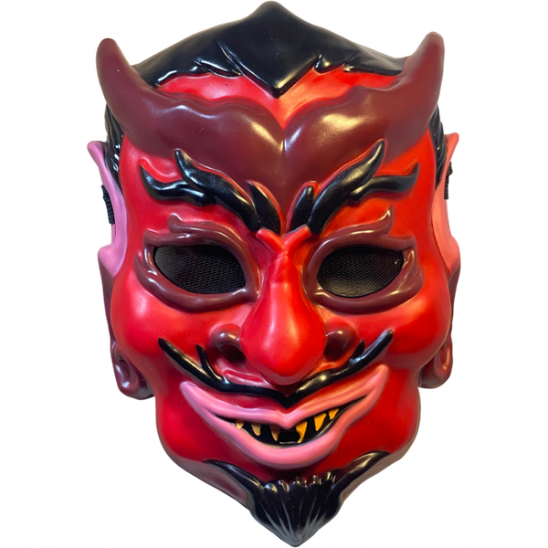 This is a red Haunt movie devil mask with horns and a black go tee.