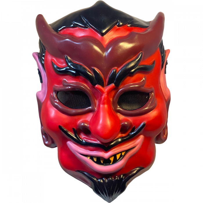 This is a red Haunt movie devil mask with horns and a black go tee.