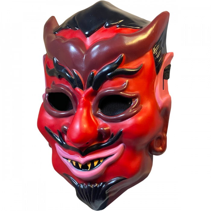 This is a red Haunt movie devil mask with horns, black eyebrows and a black go tee.