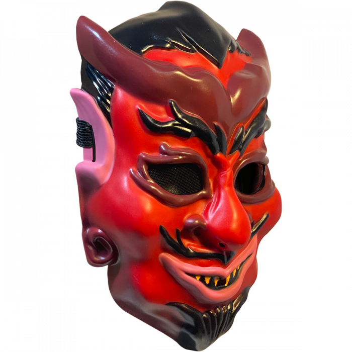 This is a red Haunt movie devil mask with horns, black eyebrows, hair and a black go tee.