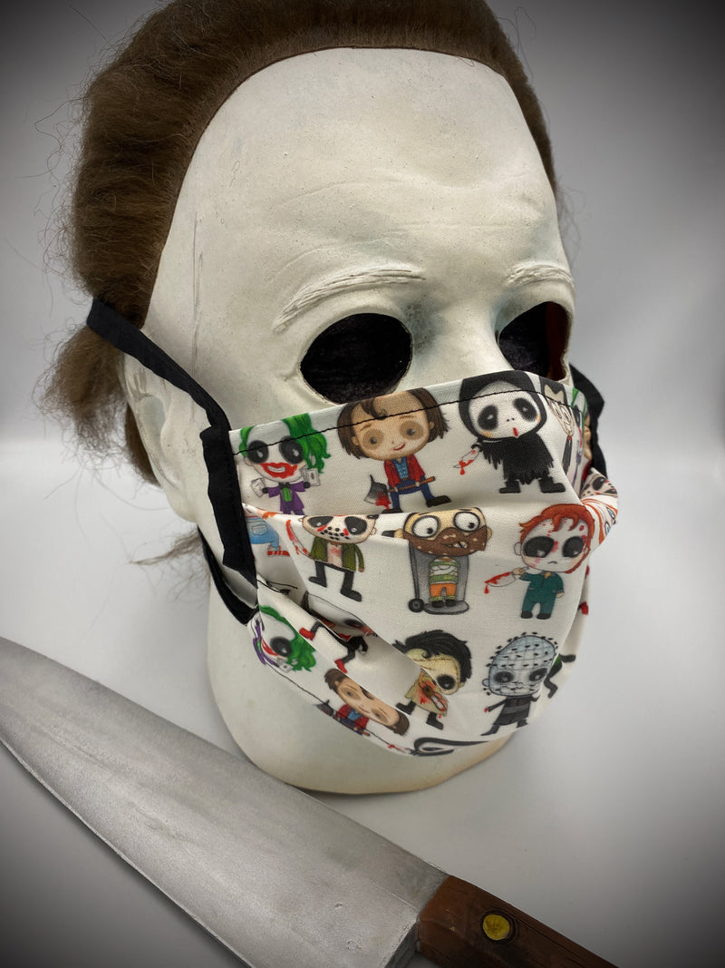 These are horror characters on a white protective face mask with black ties and has the characters from Saw, Scream, The Shining, It, Child's Play, Friday the 13th, Nightmare On Elm Street, Texas Chainsaw Massacre, Joker, Hellraiser and Halloween.