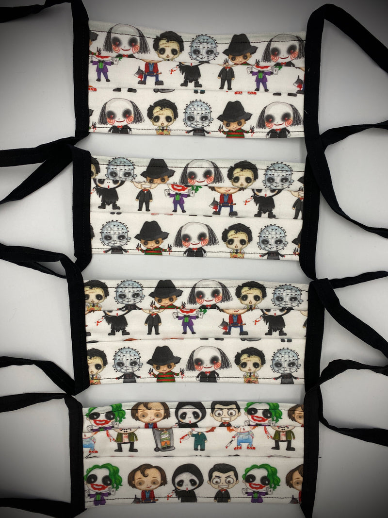 These are horror characters on a white protective face mask with black ties and has the characters Billy, Joker, Ghostface, Jack Torrance, Pinhead, Leatherface, Chucky, Jason Voorhees, Freddy Krueger,  and Michael Myers.