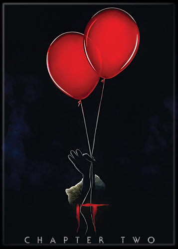 This is a black It Chapter 2 magnet that has a hand holding 2 red balloons