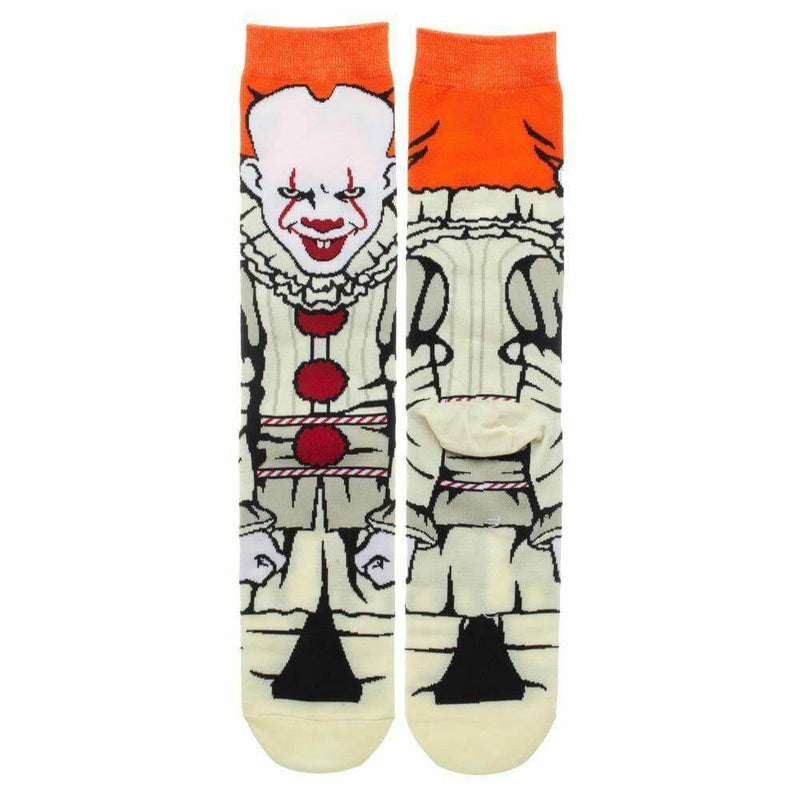 This is a 360 front and back view pair of socks from the movie It 2017 of Pennywise, who has orange har, red lips, white face and a clown suit with red balls.