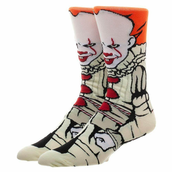 This is a 360 pair of socks from the movie It 2017 of Pennywise, who has orange har, red lips, white face and a clown suit with red balls.