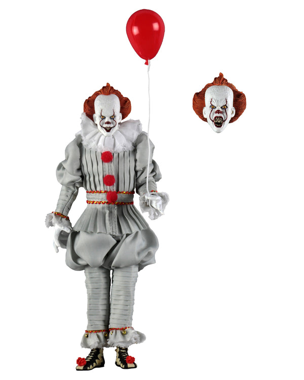 This is an It Movie 2017 Pennywise NECA action figure and he has orange hair, grey suit with red balls, white face, yellow eyes extra head and a red balloon