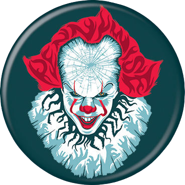 This is an It Chapter Two Pennywise button that is teal and he has a white cracked face, red hair, red lips and white neck poof.