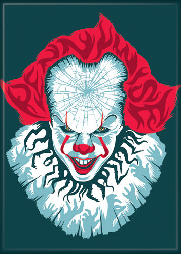 This is an It Chapter Two Pennywise magnet that is teal and he has a white cracked face, red hair, red lips and white neck poof.
