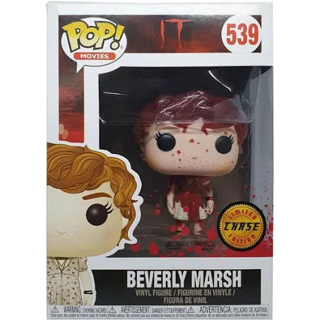 This is an It Movie 2017 Chase Pop Funko of Beverly Marsh and she has red hair with blood, a dress with blood, black round eyes and brown boots