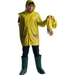 This is a Georgie costume grom the movie It and it is a yellow raincoat on a man who has black jeans and boot toppers and a removable arm