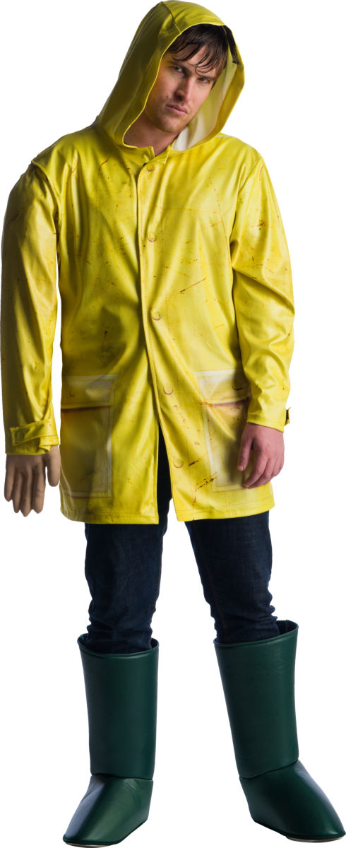 This is a Georgie costume grom the movie It and it is a yellow raincoat on a man who has black jeans and boot toppers