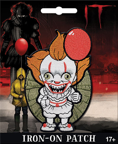 This is an It 2017 Pennywise chibi patch and he has a white clown suit with red balls, orange hair and a red balloon.
