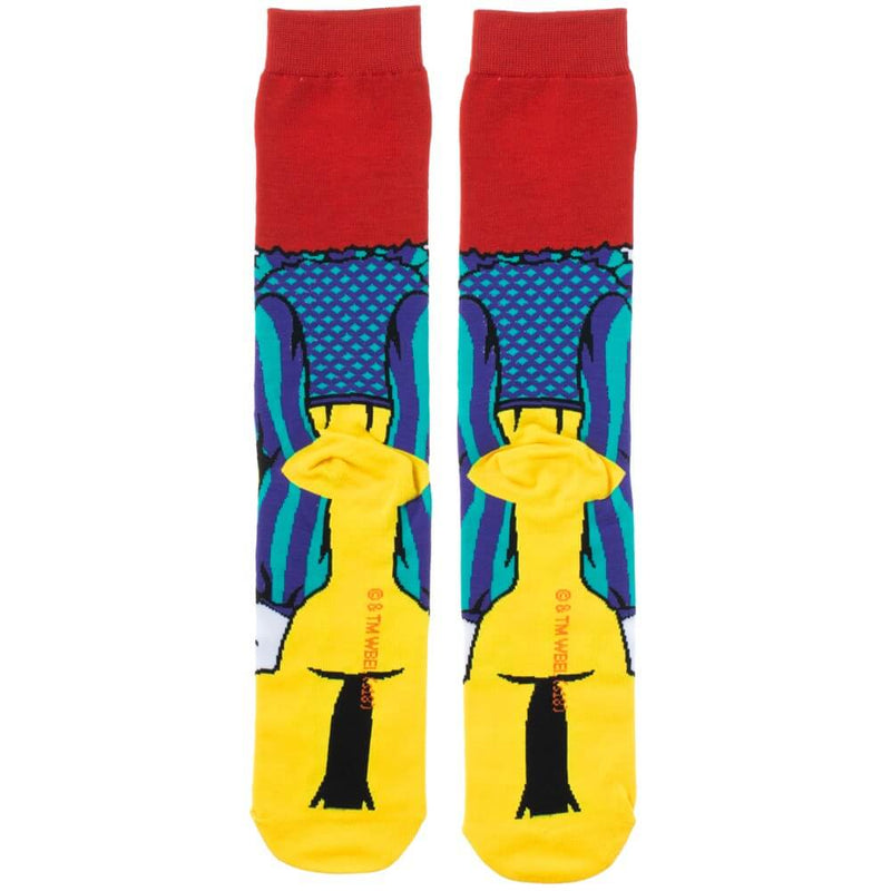This is a pair of It 1990 Pennywise crew socks and he has red hair, a red nose, yellow and green clown suit with three red balls and they are printed 360.