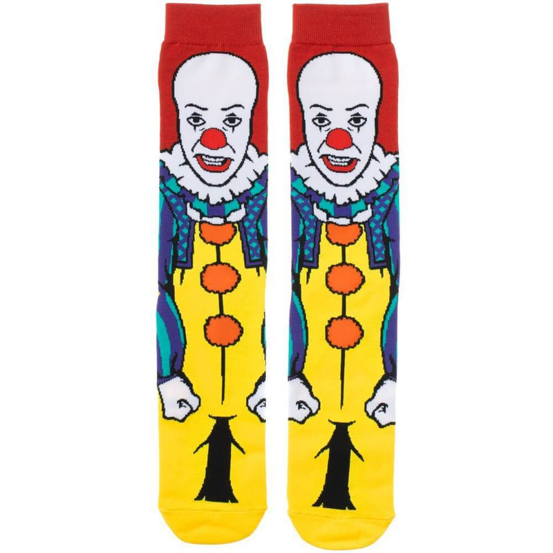 This is a pair of It 1990 Pennywise crew socks and he has red hair, a red nose, yellow clown suit with three red balls and they are printed 360.