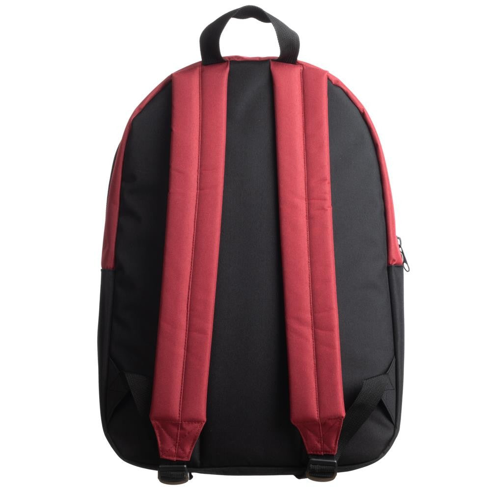This is an It Movie Pennywise backpack that is black and red, with red shoulder straps and a black strap in the back.