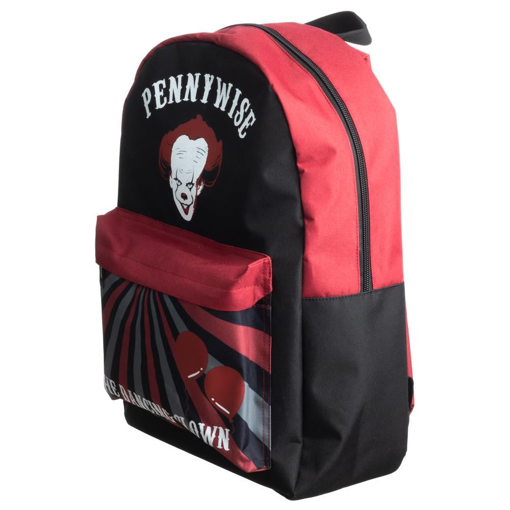This is an It Movie Pennywise backpack that is black and red, with a zipper on top and in the front and a strap in the back.