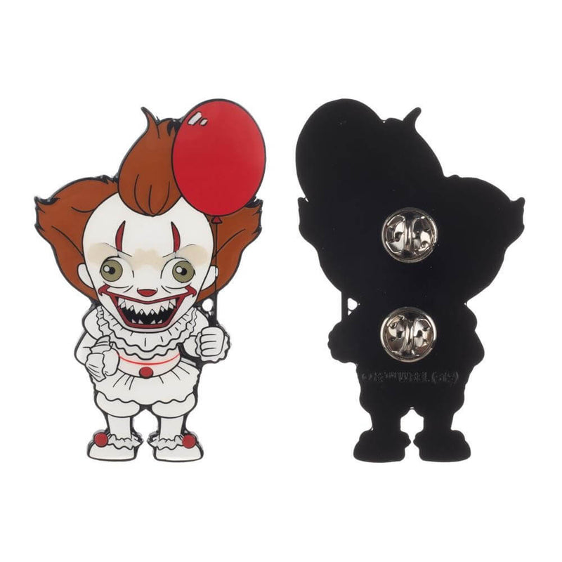 This is the back of an It 2017 Pennywise chibi lapel pin with a silver clasp, and he has a white clown suit with red balls, orange hair and a red balloon.
