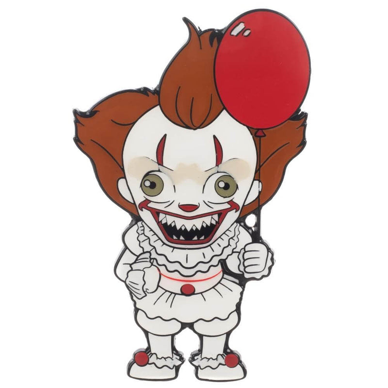 This is an It 2017 Pennywise chibi lapel pin and he has a white clown suit with red balls, orange hair and a red balloon.