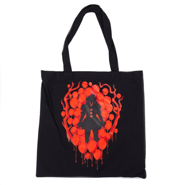 This is an It 2017 Pennywise canvas tote and it is black with red balloons and a clown silhouette.