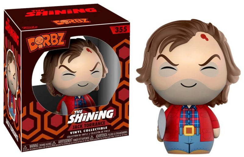 This is a Shining Jack Torrance Dorbz Funko and he has brown hair on a round head with a bloody cut, a red jacket, blue pants and a plaid shirt.